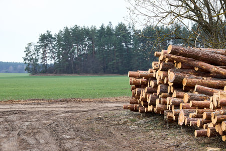 Piles of logs of pine trees stacked in a logging area in a spring forest. Timber harvesting. Selective focus shot with copy spaceの写真素材