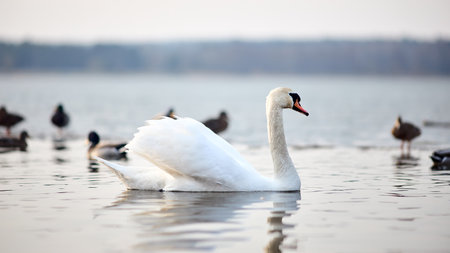Lonely legant swan swims serenely across lake in sunset. Ducks paddle nearby. Selective focus 16x9 shotの写真素材