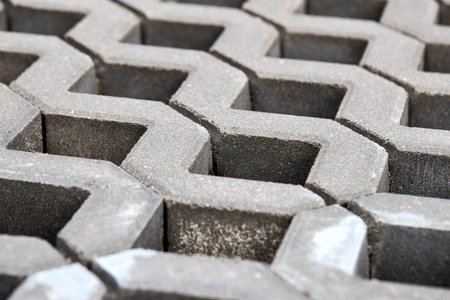 Checkered Concrete Cinder Tiles Of A Garden Sidewalk Lawn In Palette. Turf Grass Block Paving...
