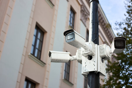 Street CCTV cameras on pole. Multifunctional cameras - radars for monitoring city streets and roads. City protection. security. Smart city.の写真素材