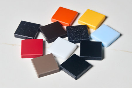 Porcelain stoneware artificial stone square samples as kitchen countertop examples of future kitchen...