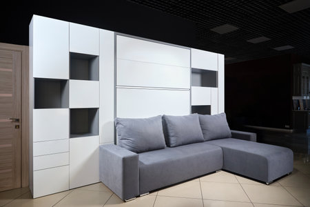 Bedroom interior flat with folded Vertical Murphy Wall Bed, roll-away pull out bed stored into wardrobe with lots of shelves and drawers, minimalist interior design, modern architecture concept.の写真素材