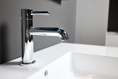 Interior detail of bathroom with washbasin sink with square drain and faucet. Bathroom interior sink with gray tiled wall and mirror modern flat minimalistic design upper view.の写真素材