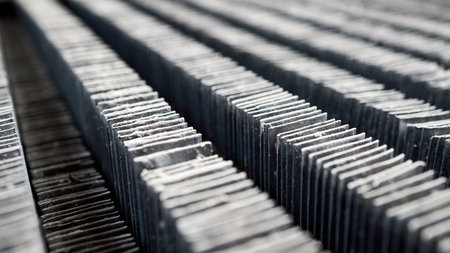 Plate fin heat exchanger surface closeup diagonal texture. Old heat exchange equipment bent damaged plates with traces of corrosion rust. Selective focus industrial background, with copyspace.の写真素材