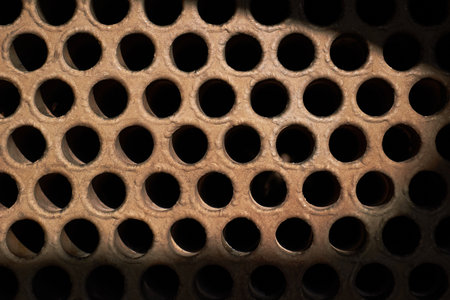 Tube sheet plate of heat exchanger or boiler closeup texture macro with shadow industrial background with insoluble hard mineral deposits salts scale welding seams and corrosion.の写真素材