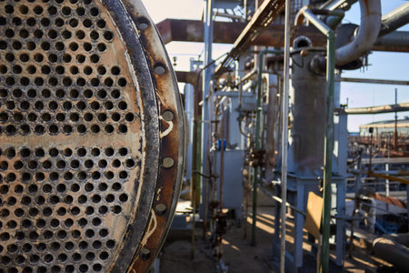 Pipe tube sheet or plate of heat exchanger or boiler part with flange closeup corrosion texture over...