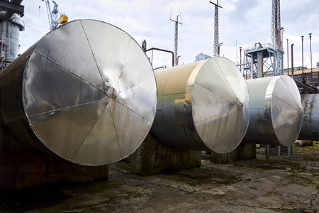 Horizontal storage tanks storage barrel with thermal insulation of chemical plant surrounded by...