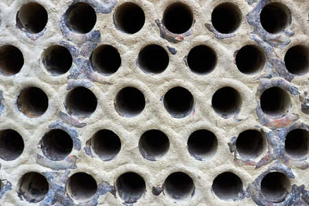 Tube sheet or plate of heat exchanger boiler closeup selective focus background. Disconnected muted clogged leaky tubes with steel plugs with insoluble hard mineral deposits salts scale and corrosion.の写真素材
