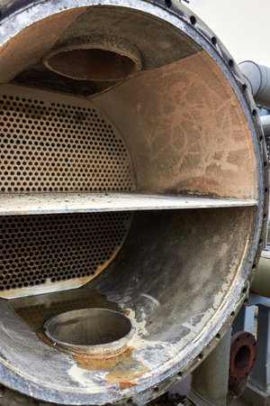 Industrial heat exchanger or boiler tubes bundle. Two way heat exchanger shell and tubes with tube...