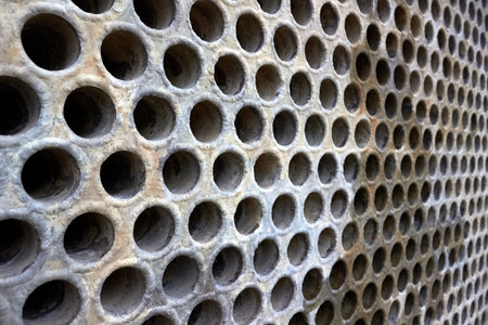 Tube sheet or plate of heat exchanger boiler selective focus shot at an angle closeup texture industrial background, with insoluble hard mineral deposits salts scale and corrosion with copy space.の写真素材