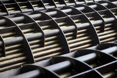 Heat exchangers tube bundle details of industrial heat exchanger shell and tube condenser, made of steel with corrosion. Abstract industrial background of carbon steel heat exchanger tube bundles.の写真素材