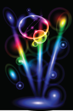 Multi-colored circles and beams on a black backgroundのイラスト素材