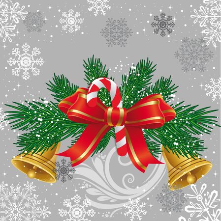 Christmas card with fur-tree toys and hand bellsのイラスト素材