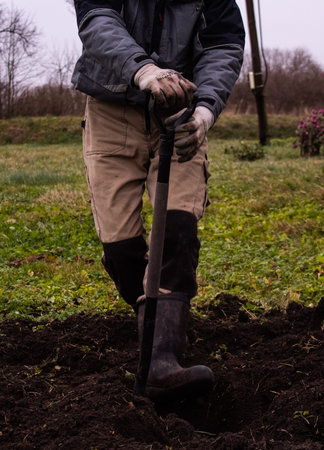 A man in a working uniform and boots with a shovel digs the ground for planting plants