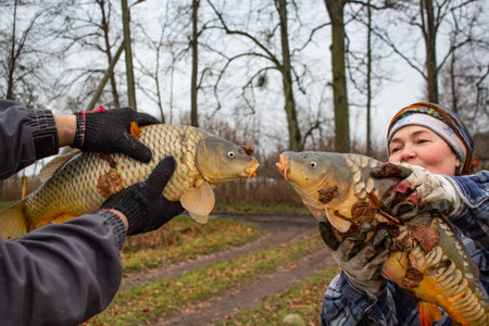 A woman and a man hold two carp opposite each other in the street