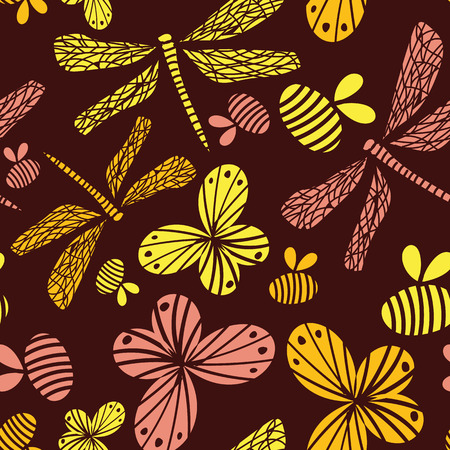 Seamless vector pattern with colorful butterflies, dragonflies and bees on dark background. Surface print design.のイラスト素材