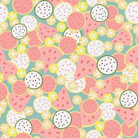 A seamless vector pattern with fruit salad in girly pastel colors. Surface print design with summer vibe.のイラスト素材