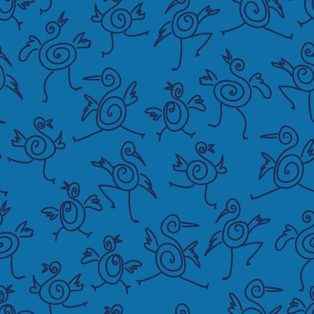 Aseamless vector pattern with simplified funny dancing birds. Surface print design.のイラスト素材