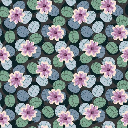 A seamless vector pattern with pink flowers and muted green leaves on a dark background. Surface print design.のイラスト素材