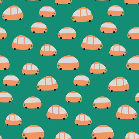 A seamless vector pattern with cute orange cars on a green background. Surface print design.のイラスト素材