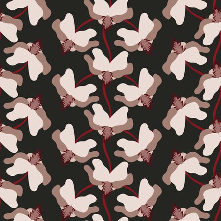 A seamless vector pattern with light tropical flowers on a dark background. Surface print design.のイラスト素材