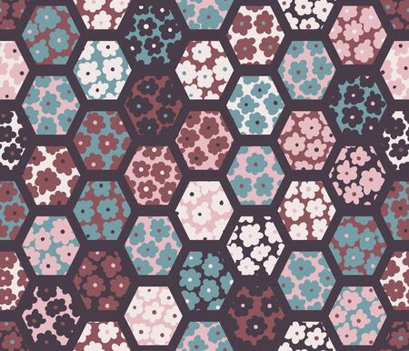 A seamless vector pattern with floral textured hexagonal mosaic. Surface print design.のイラスト素材
