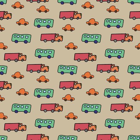 A seamless vector transportation themed vetor pattern with trucks cars and buses. Surface print design.のイラスト素材