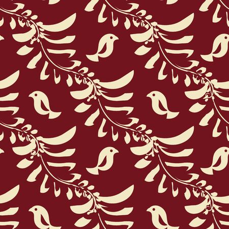 A seamless vector pattern with diagonal botanical stripes and bird silhouettes on a red background. Nature themed surface print design. Great for christmas cards, gift wrap, packaging and textiles.のイラスト素材