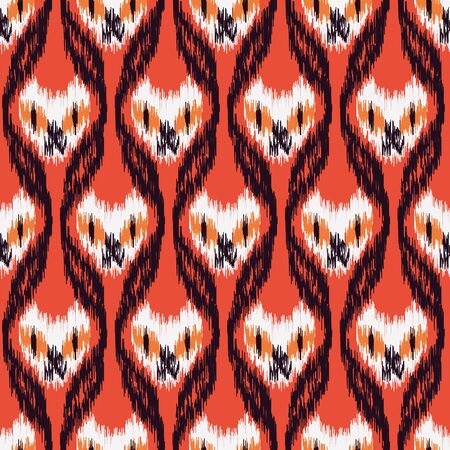 A seamless vector halloween ikat pattern with spooky cat faces on red background. Graphic surface print design. Great or cards, textiles, scrapbook and packaging.のイラスト素材