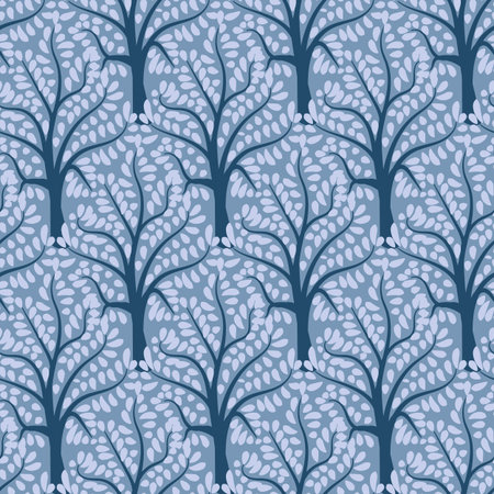 A seamless vector pattern with blue ornamental forest. Nature themed surface print design. Great for...