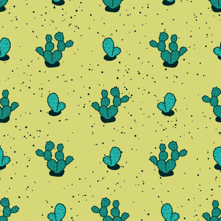 A seamless vector pattern with teal cati plants on a yellow desert sand. Surface print design.