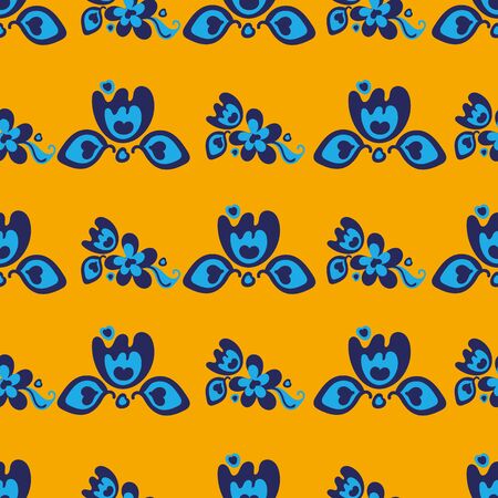 A seamless vector pattern with blue folk tulips on a bright yellow background. Decorative girly surface print design.のイラスト素材