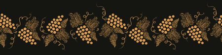A golden grapes and leaves on dark background border print. Decorative surface print design. Great for cards, invitations and wine labels. Can be used as striped seamless pattern.のイラスト素材