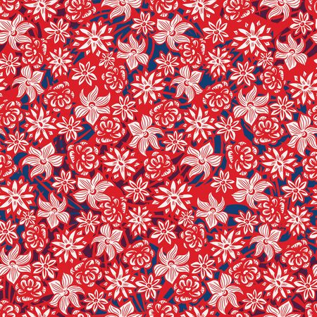 A seamless vector pattern with summer flowers, orchids and roses in red, white and navy blue. Decorative vibrant surface print design. Great for fabrics, cards, wrapping paper and packaging.のイラスト素材