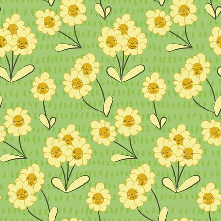 Smiling flowers childish seamless vector pattern in green and yellow. Cute surface print design. Great for fabrics, wrapping paper, cards.のイラスト素材