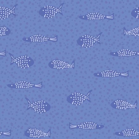 Dotted violet blue fish swimming in textured water. Marine seamless vector pattern. Ocean themed surface print design.のイラスト素材