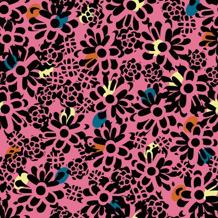 Vibrant leopard print inspired floral seamless vector pattern in pink and black. Decorative surface print design. Great for fabrics, stationery and packaging.のイラスト素材