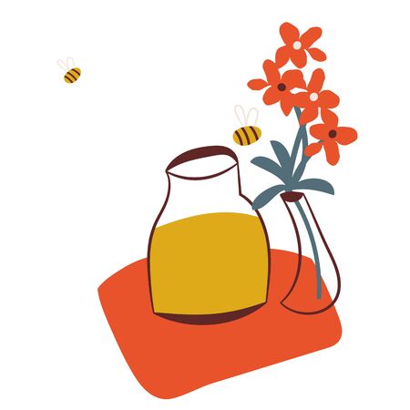 Jar of honey and vase of flowers vector illustration. Simple doodle placement print.のイラスト素材