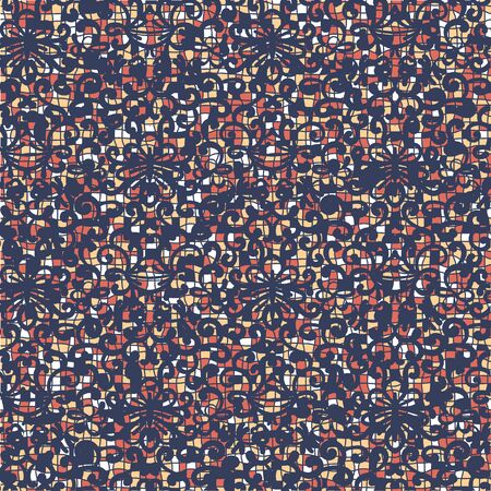 Orange yellow mosaic tiles with dark navy blue botanical ornament seamless vector pattern. Decorative surface print design inspired by vintage stained glass windows. Architectural details. Great for textures, backgrounds, textiles and packaging.のイラスト素材