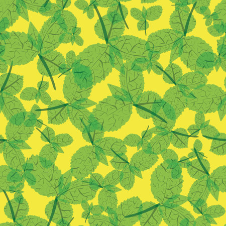 Green mint leaves on a yellow background seamless vector pattern. Herbs themed surface print design. For fabrics, stationery, scrapbook paper, and packaging.のイラスト素材