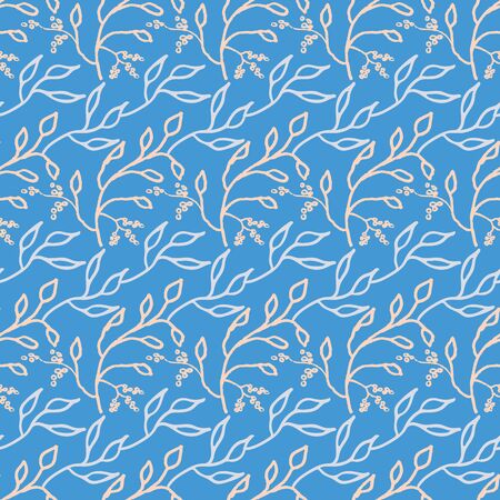 Light hand drawn branches seamless vector pattern on a blue background. Delicate surface print design. For fabrics, stationery, cards, backgrounds, packaging, and gift wrap paper.のイラスト素材