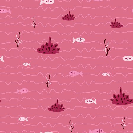 Fish and coral seamless vector pattern in pink. Ocean themed simple surface print design. For fabric, stationery, ans packaging.のイラスト素材