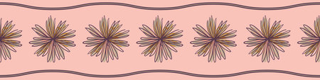 Doodle flower heads pink vector border print. Decorative surface print design for embellishing cards, invitatons, and posters. Repeat striped seamless pattern for fabrics, stationery, and packaging.のイラスト素材