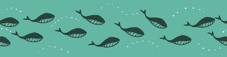 Swimming whales teal border print. Horizontal surface designのイラスト素材