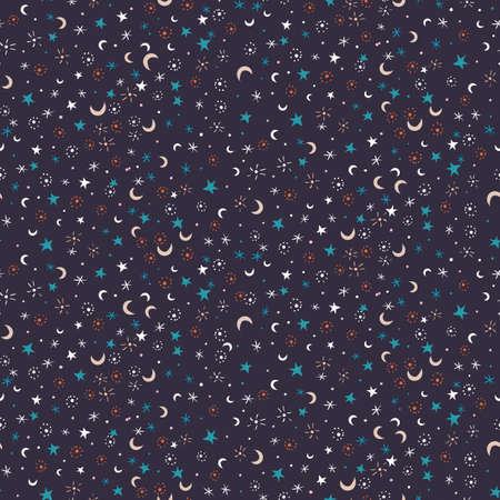Stars and moons seamless vector pattern. Night sky surface print design. Great for bedroom fabrics, cosmic stationery, scrapbook paper, packaging, chidish gift wrap, textile, and halloween home decor.のイラスト素材