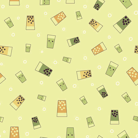 Scattered green tea with tapioca pearls seamless vector pattern. Cute take away drink pattern surface print design for fabrics, stationery, menus, gift wrapping, scrapbook paper, and packaging.のイラスト素材