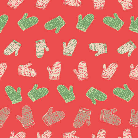 Christmas knitted mittens seamless vector pattern. Winter season surface print design for fabrics, stationery, scrapbook paper, gift wrap, home decor, textiles, and holiday packaging.のイラスト素材