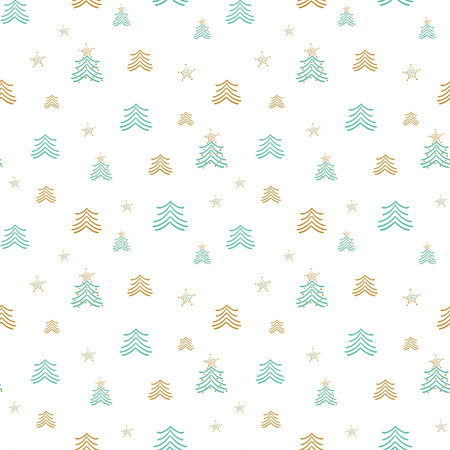 Christmas trees and stars doodle seamless vector pattern. Simple light surface print design for...