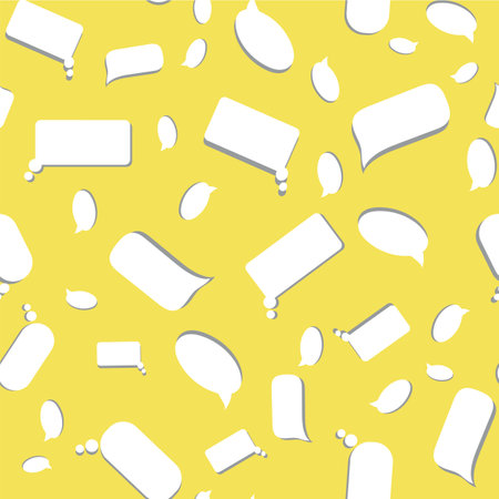 Comics speech balloons seamless vector pattern on yellow. Communication themed surface print design for fabrics, stationery, scrapbook, gift wrap, textiles, backgrounds, and packaging.のイラスト素材