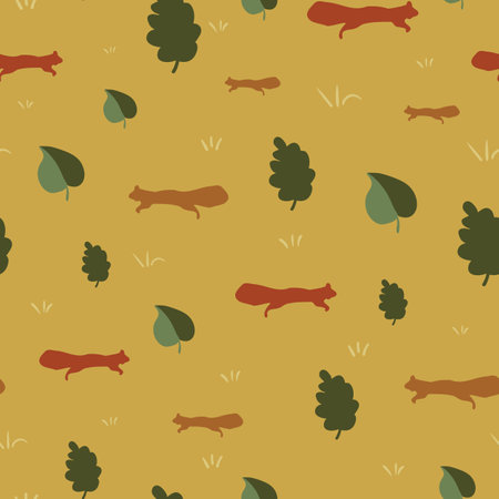 Red squirrels and tree leaves seamless vector pattern. Woodland themed surface print design for fabrics, stationery, scrapbook paper, gift wrap, textiles, backgrounds, and packaging.のイラスト素材
